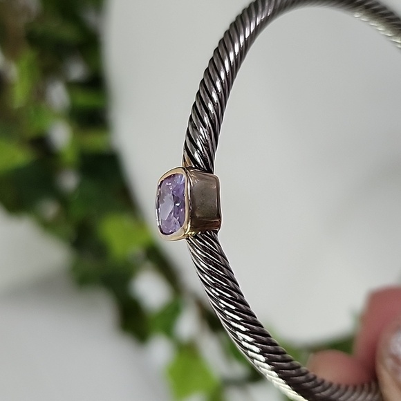 Silver Cable Flex Open Cuff Bracelet with Amethyst Color Stone - Picture 3 of 8